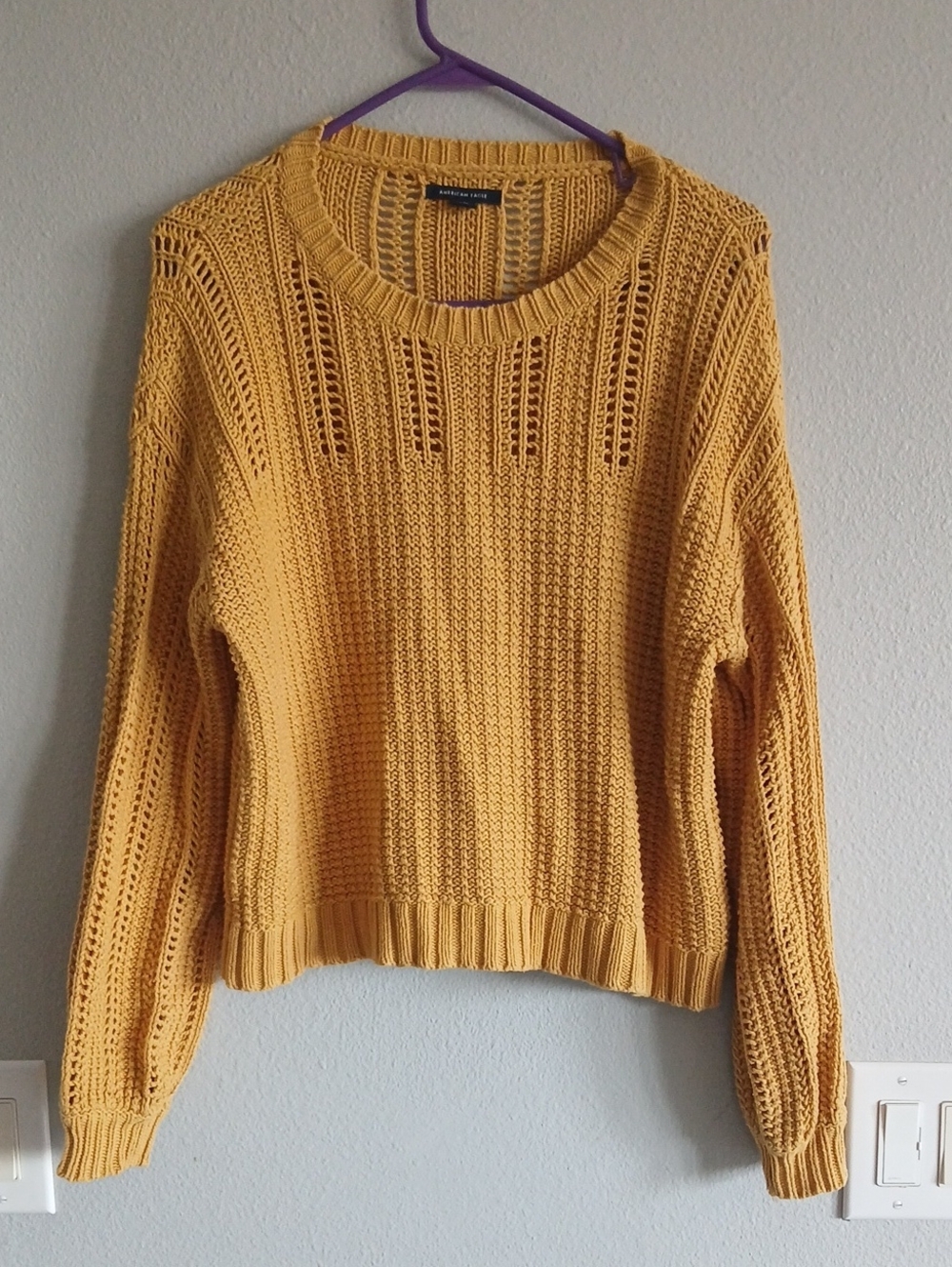 American Eagle Medium  Yellow Open-Knit Crewneck Sweater Crochet Winter Fall